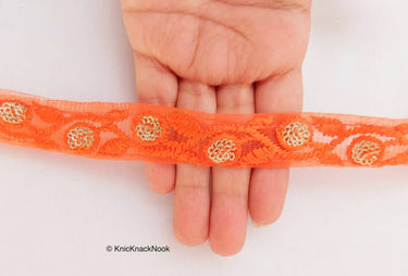 Orange Net Lace Trim In Floral Embroidery And Glitter Gold Sequins, , Wedding Trims